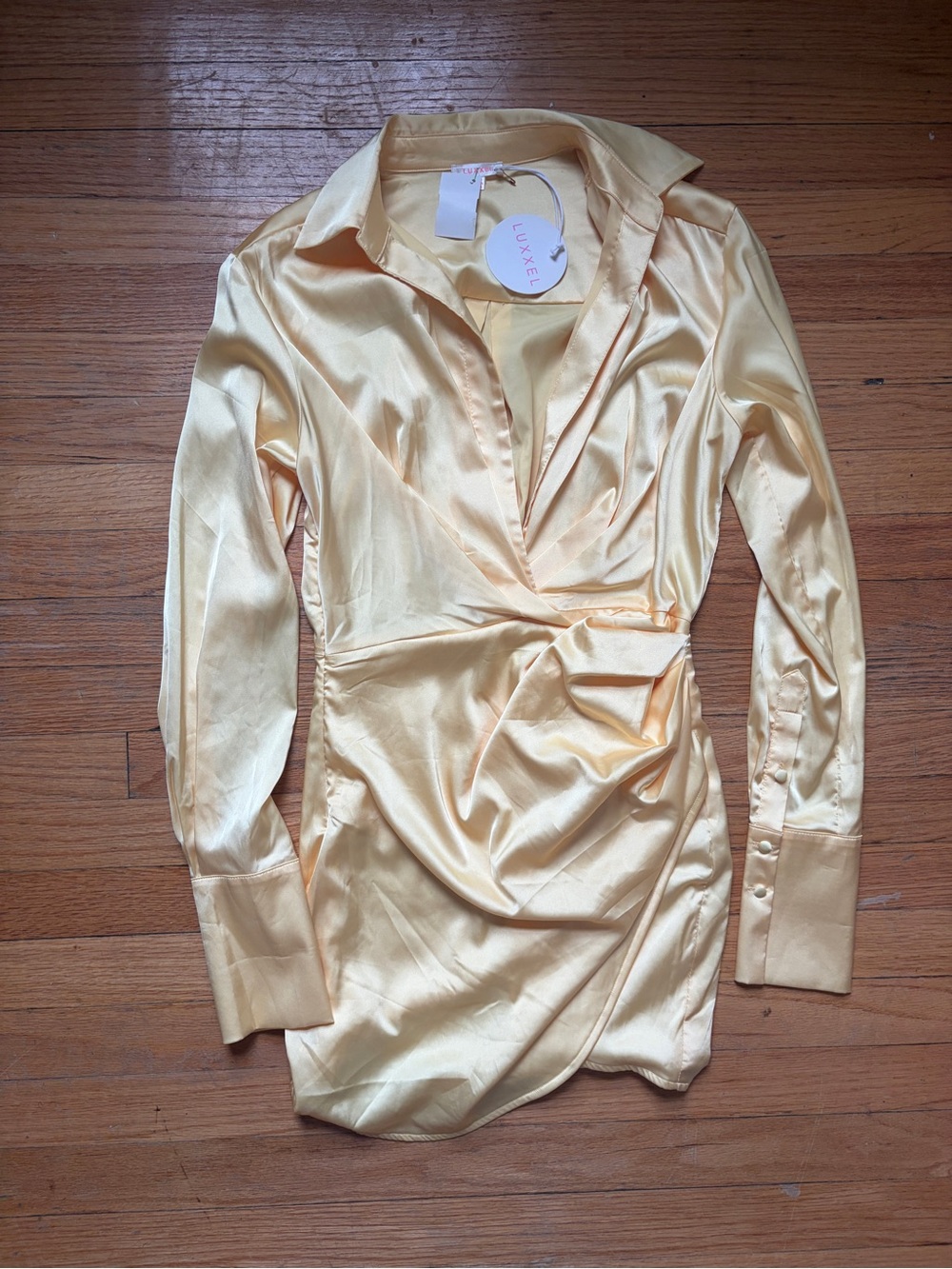 Luxxel Pale Yellow Satin Wrap-Style Long Sleeve Dress